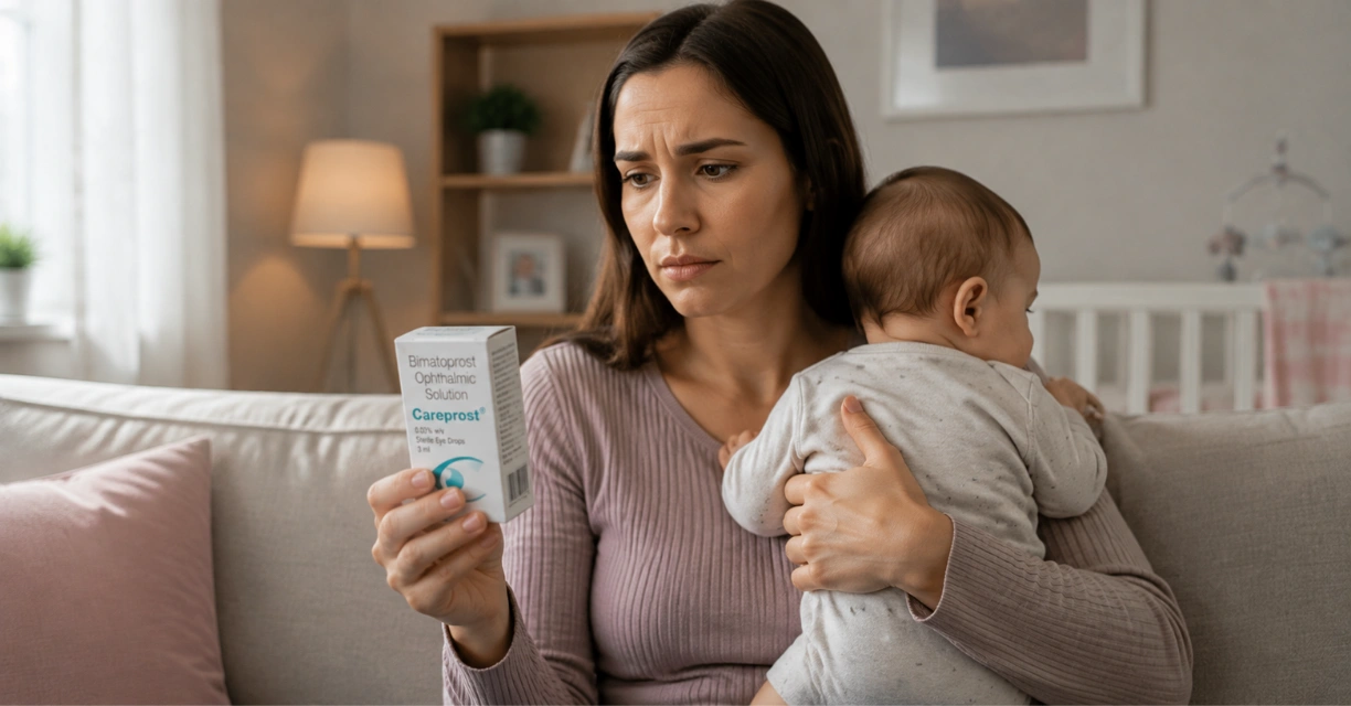 Mother holding baby while checking Careprost bimatoprost eye drops