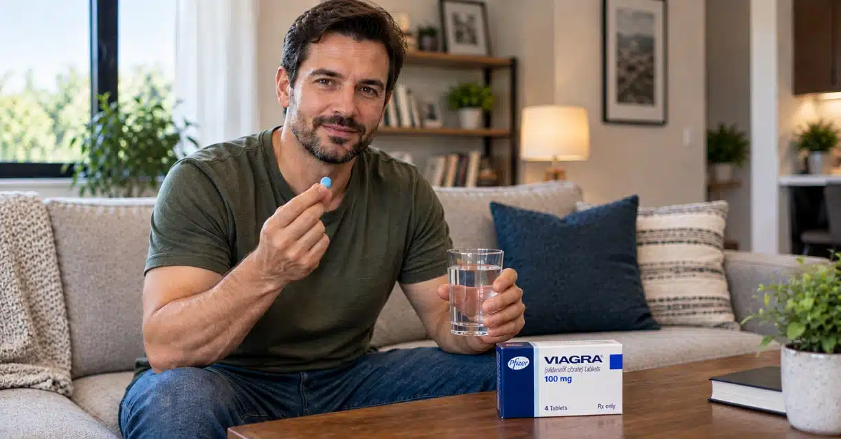 Man holding blue Viagra tablet with Viagra 100 mg box and glass of water