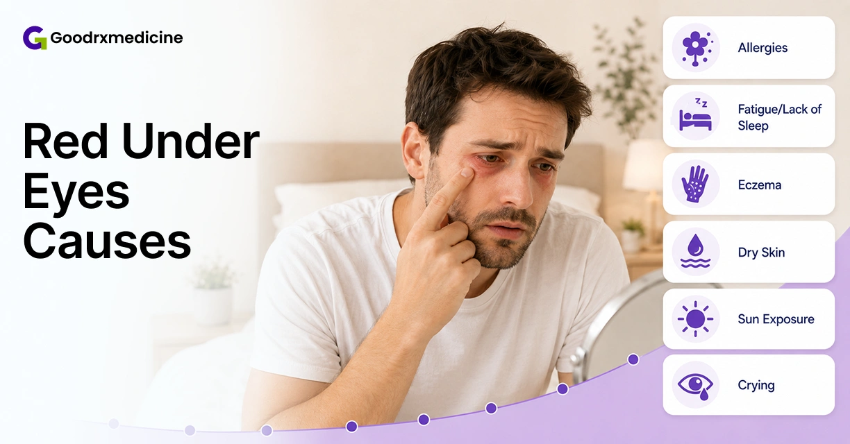 Man touching his red under-eye area with common causes listed